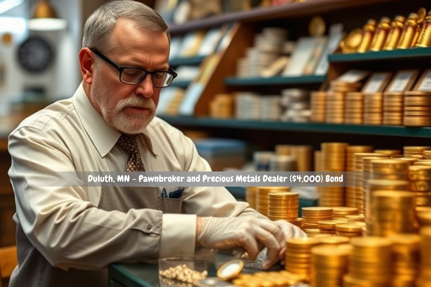Duluth, MN - Pawnbroker and Precious Metals Dealer ($4,000) Bond - Inside the pawnbroker, an elderly guy is organizing his valuable metal.