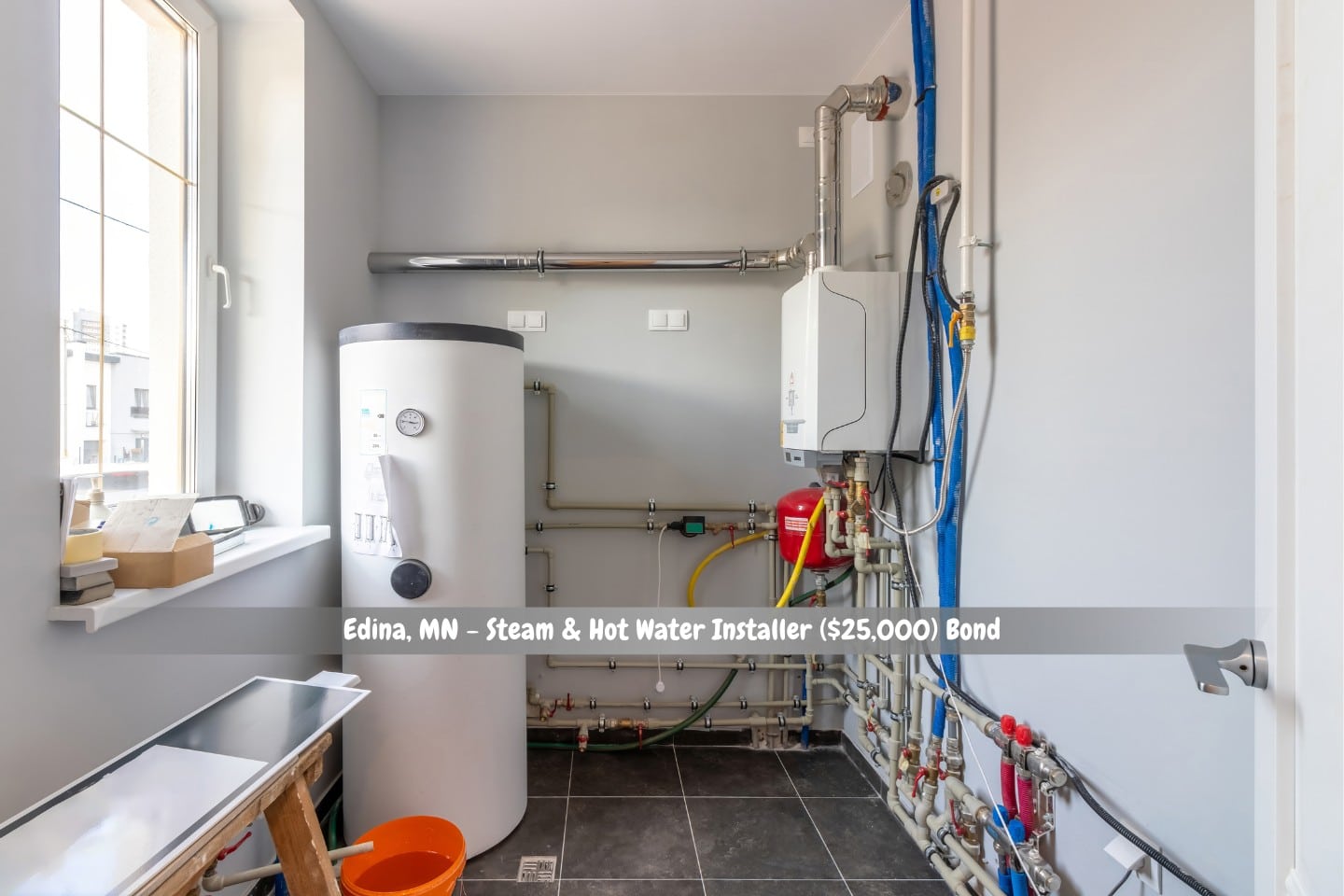 Edina, MN - Steam & Hot Water Installer ($25,000) Bond - A water boiler. heating system in a boiler room.