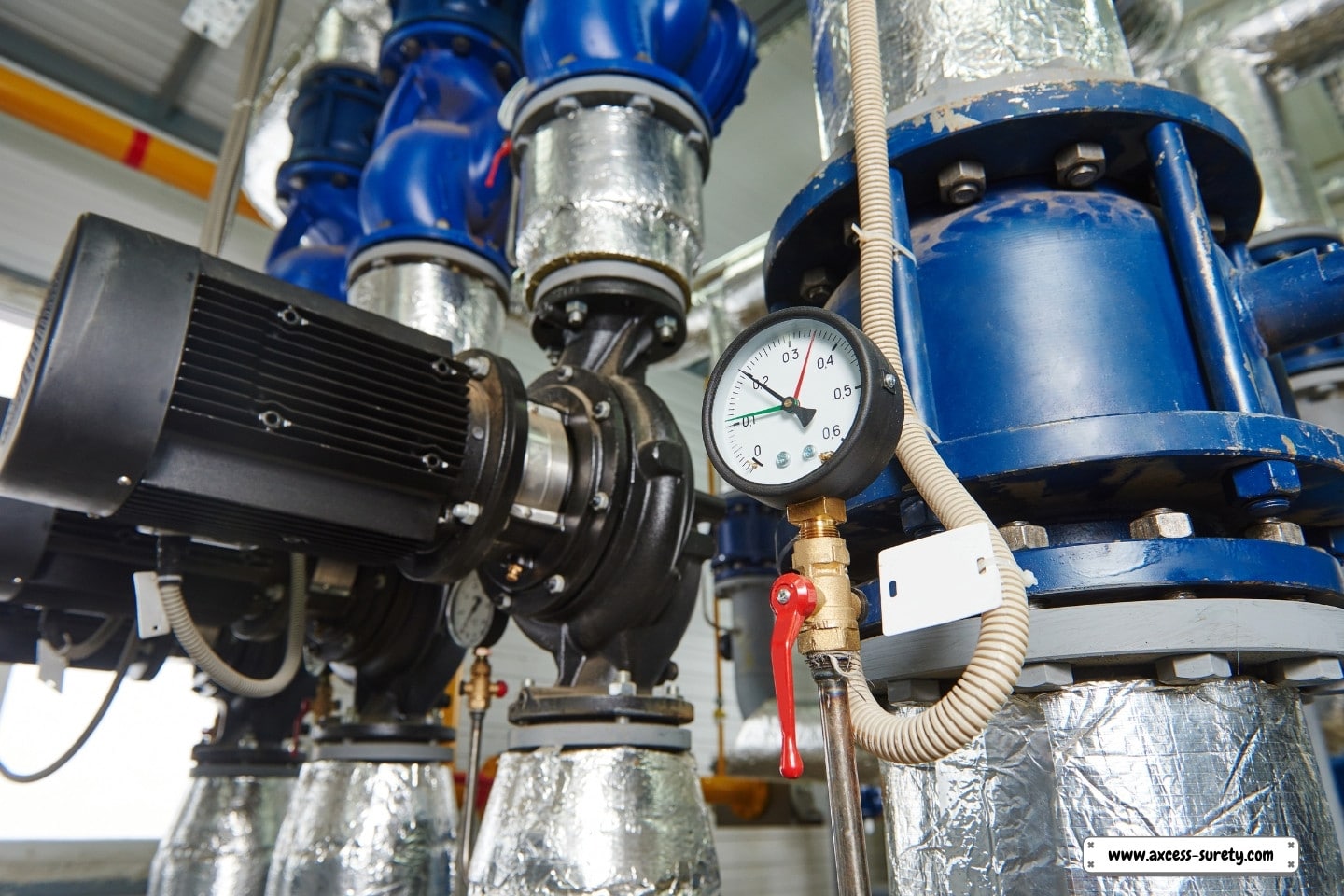 Close-up of a boiler room's manometer, pipelines, and faucet valves for a gas heating system.