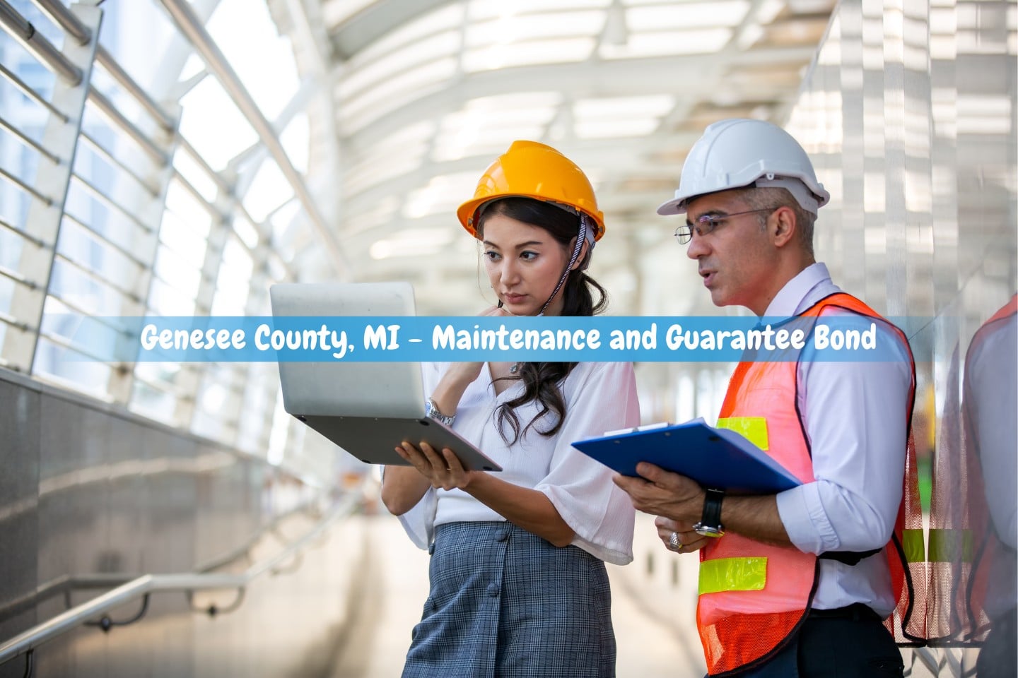 Genesee County, MI - Maintenance and Guarantee Bond - Engineers staring at laptops wearing yellow and white hard hats.
