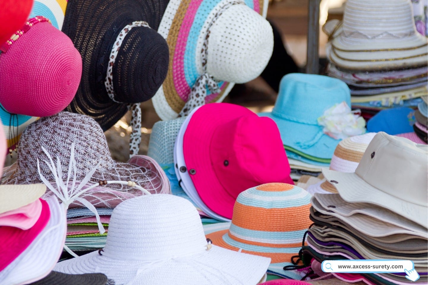 A street market sells hats in a variety of hues.