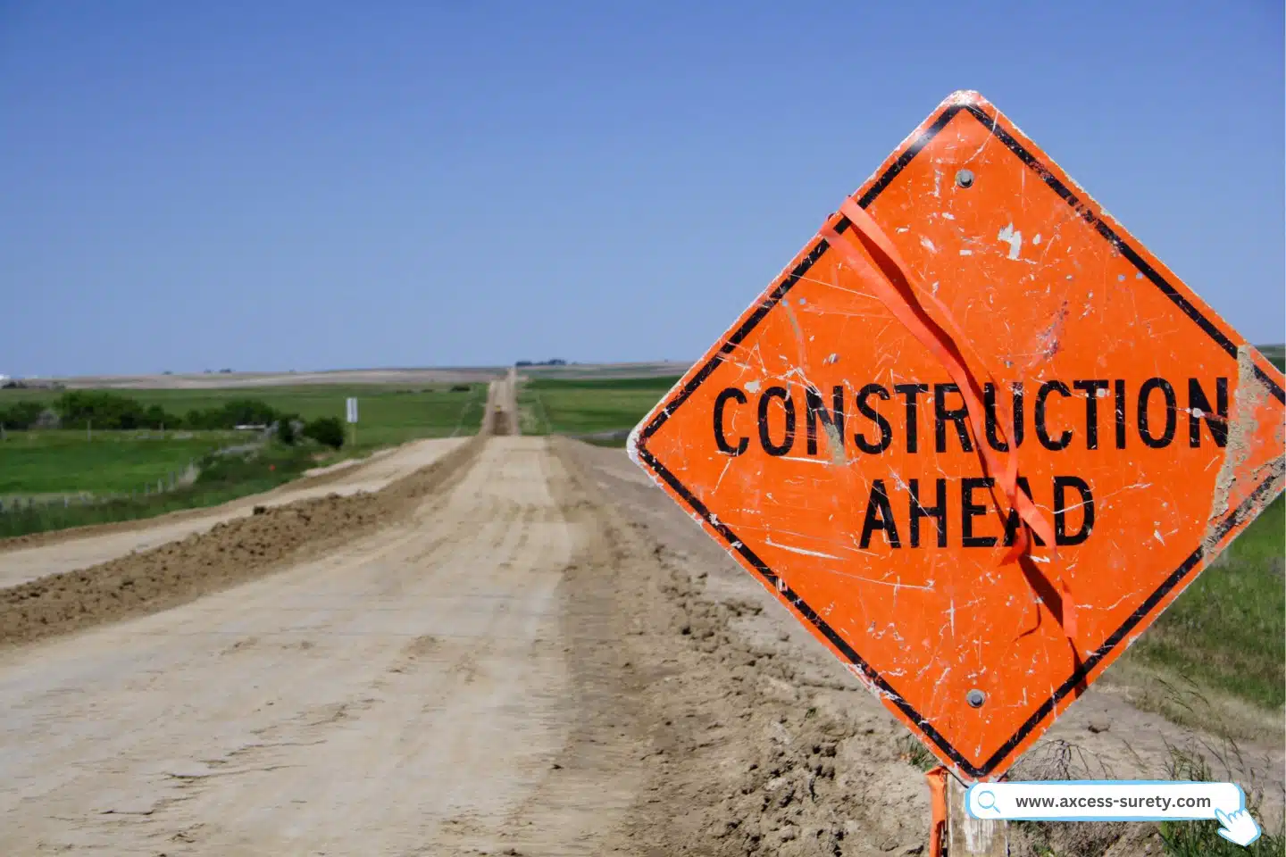 A highway route ready for asphalt laying, with orange signpost indicating construction ahead.