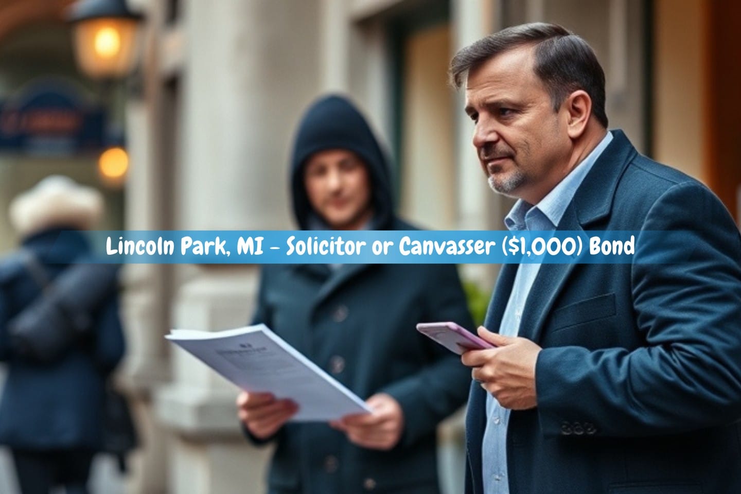Lincoln Park, MI - Solicitor or Canvasser ($1,000) Bond - A Canvasser guy trying to approach an old guy holding a mobile phone.