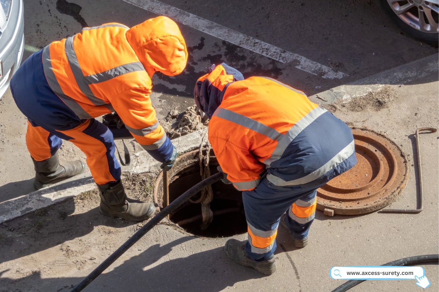 Workers stand over an exposed sewer hatch on a street.