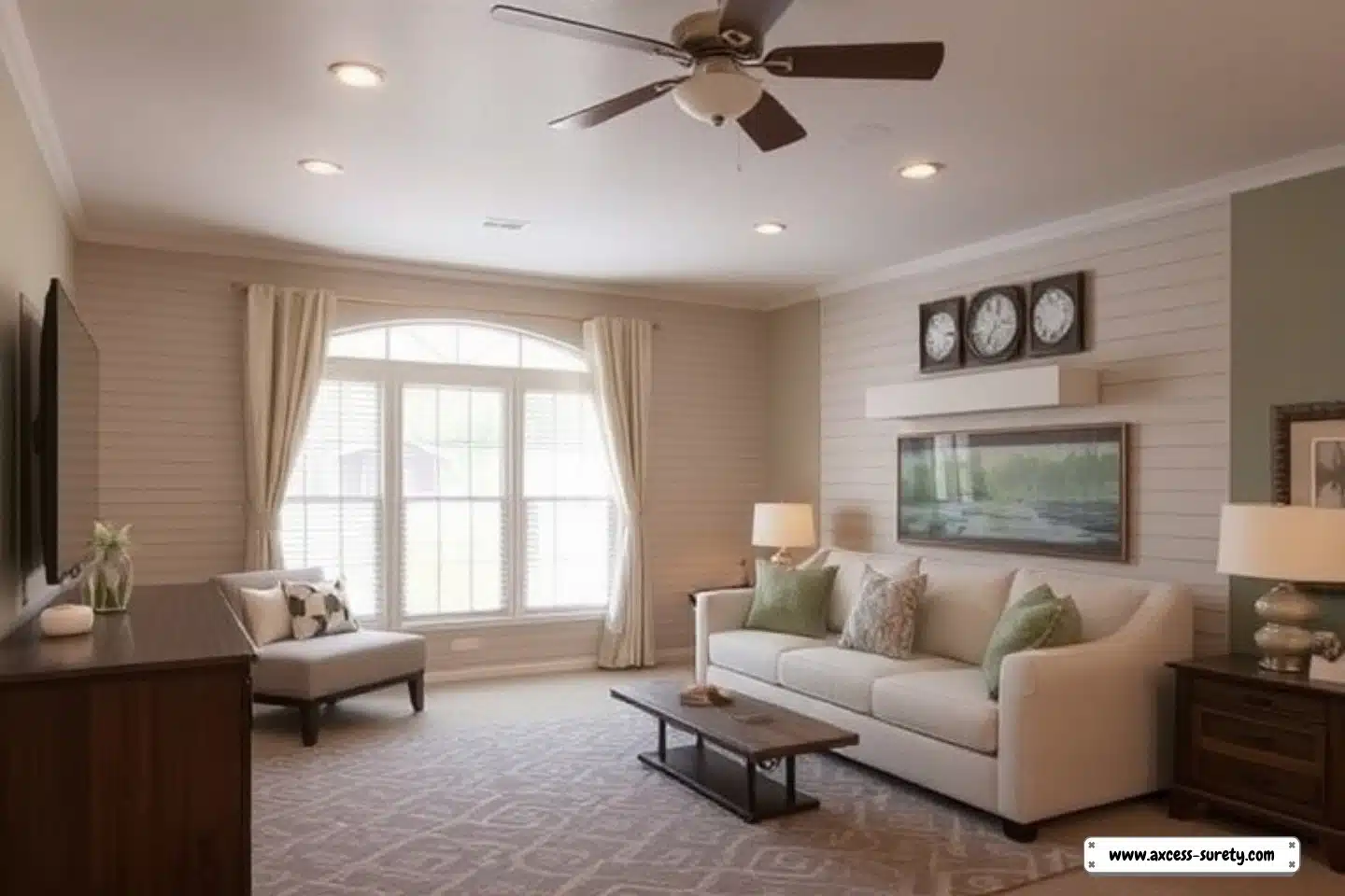 The interior of the manufacture house. Sofa, carpet, clock, ceiling fan, and more.