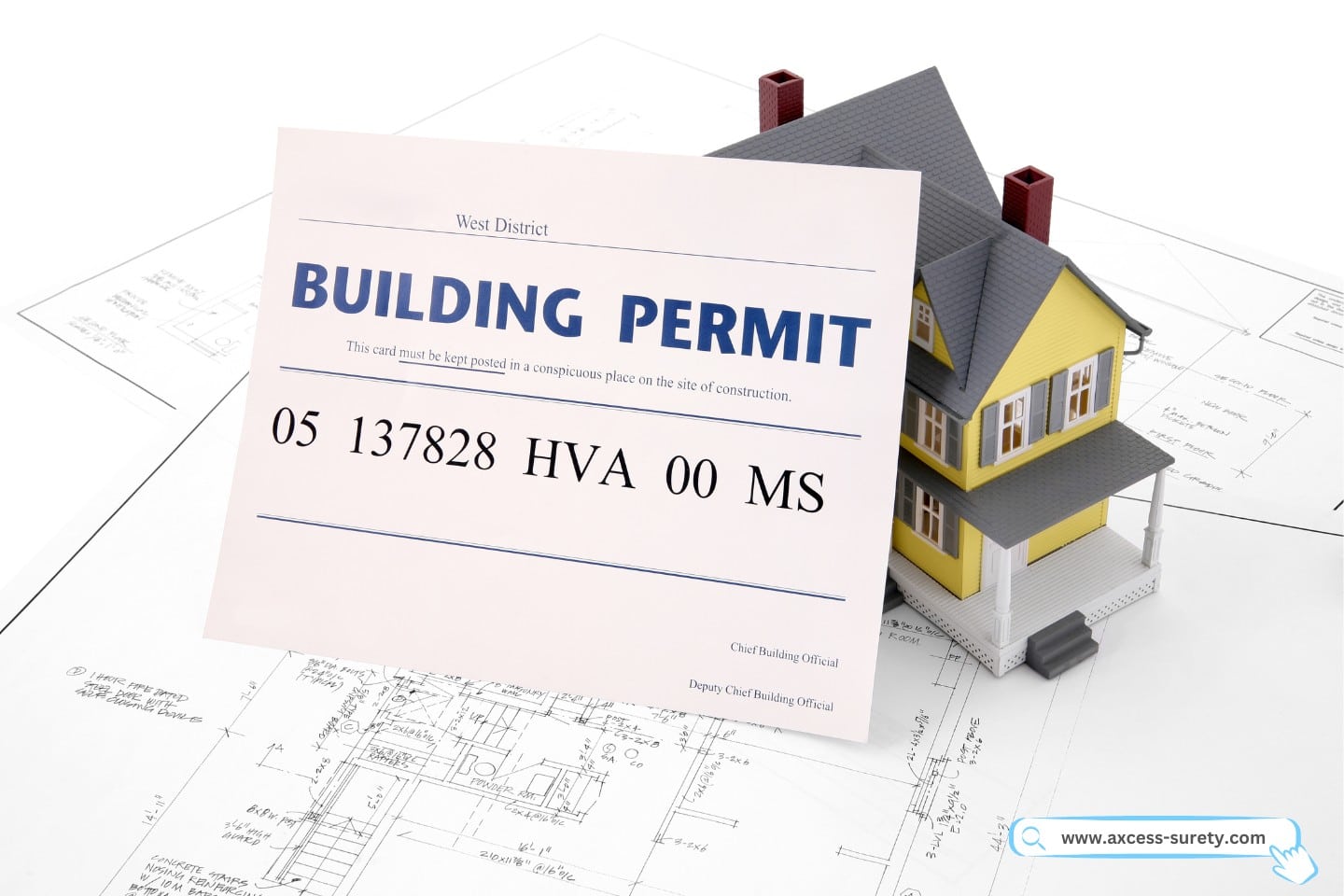 Picture of a building permit, model of house, and blueprints.