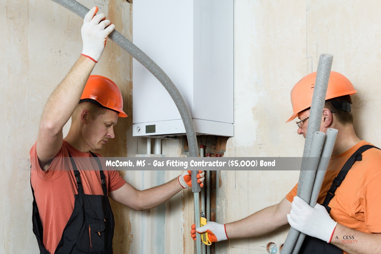 McComb, MS - Gas Fitting Contractor ($5,000) Bond - Workers are wrapping a house gas boiler's pipes with thermal insulation.