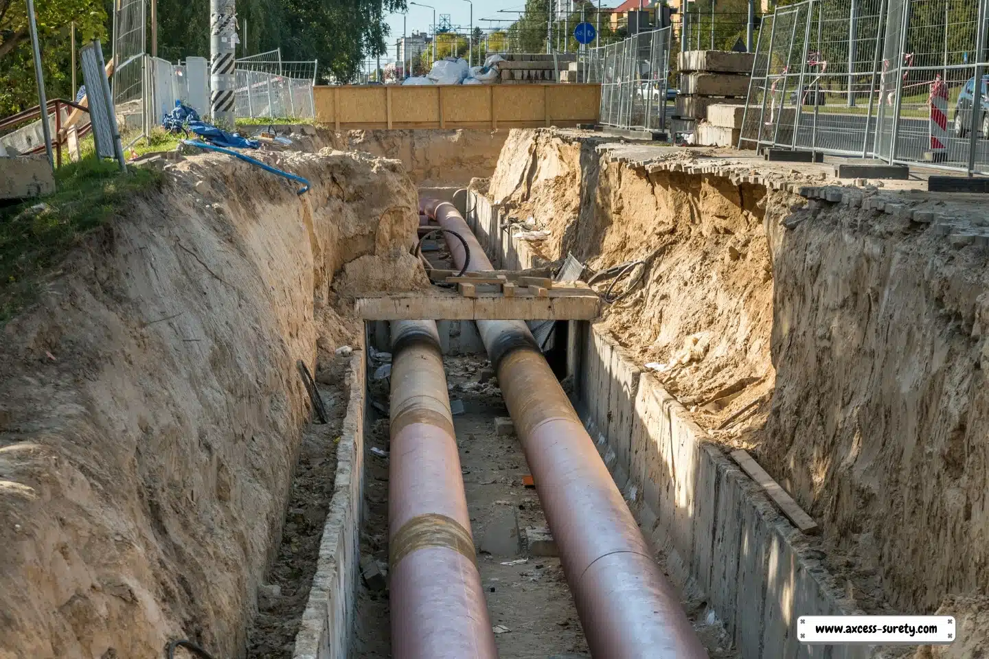 Utility infrastructure subterranean pipe installation along the sidewalk and roadside.