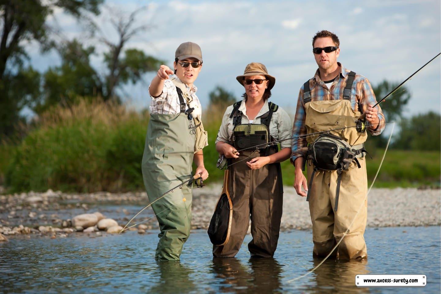 A pair is being taught by a fly fishing guide at the river.