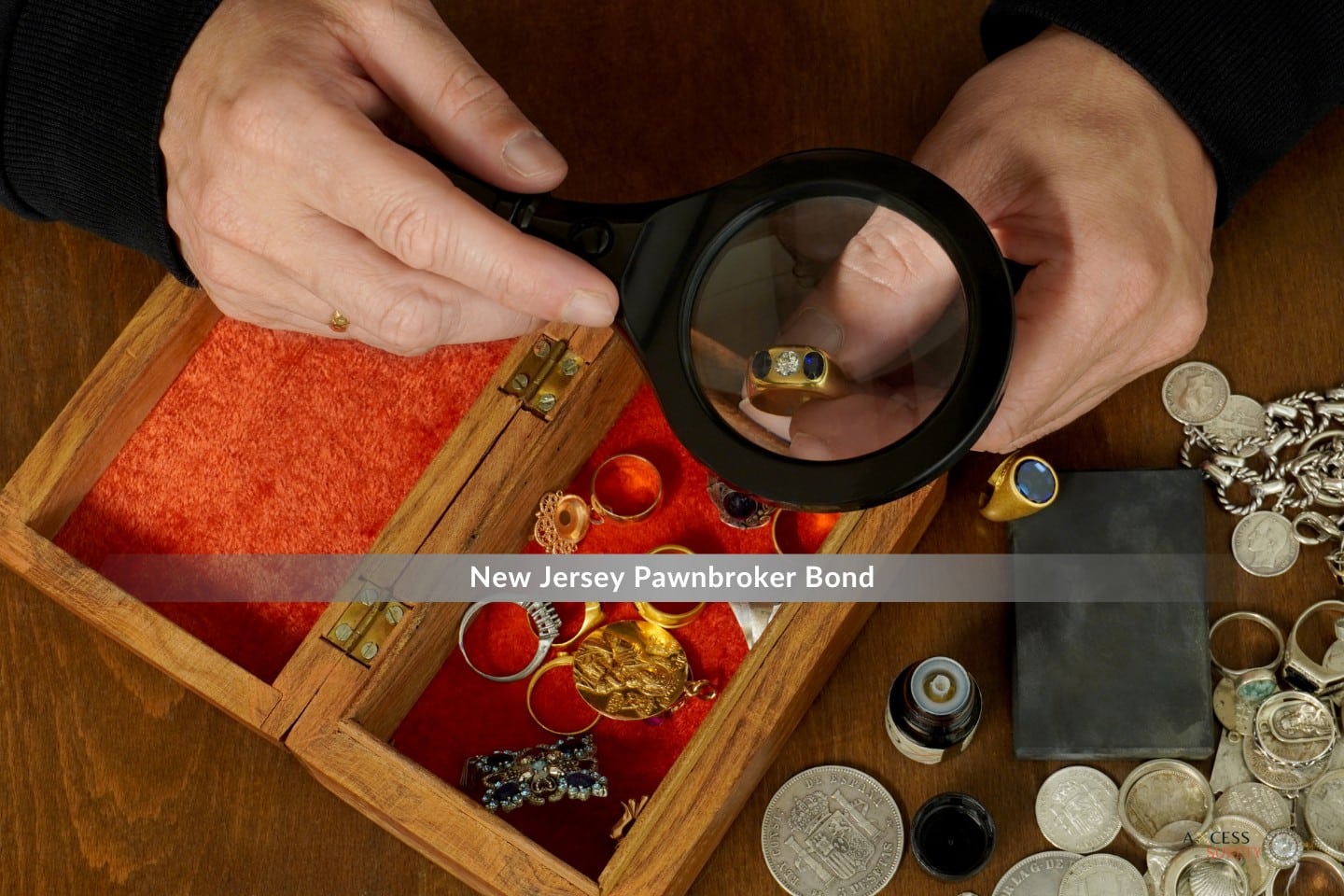 New Jersey Pawnbroker Bond - The jeweler inspects a diamond ring with a magnifying glass.