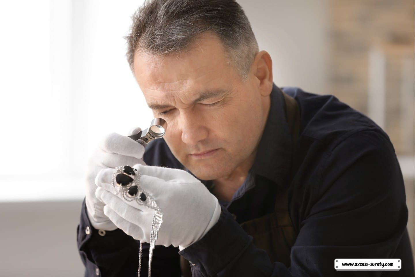 A close-up of a jeweler at work.