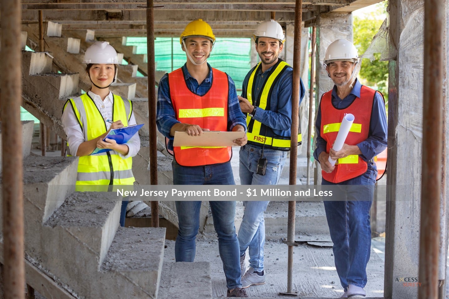 New Jersey Payment Bond - $1 Million and Less - At the building site, a group of engineers, architects, workers, and safety managers are all grinning while wearing safety vests and helmets.