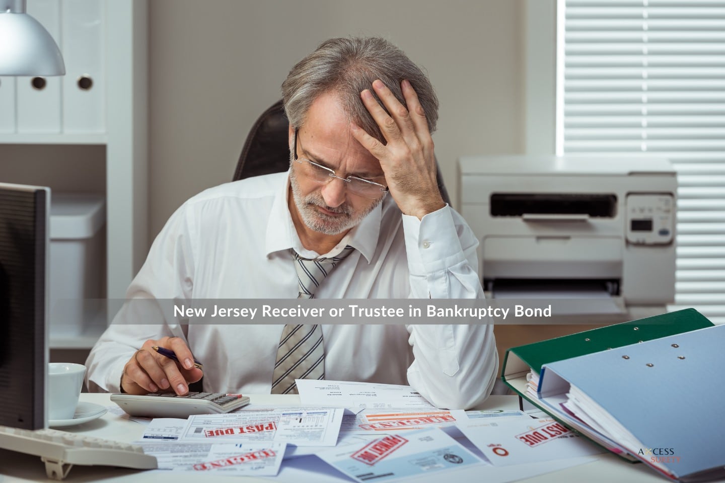New Jersey Receiver or Trustee in Bankruptcy Bond - Unpaid bills are calculated by a dejected businessman. idea of bankruptcy.