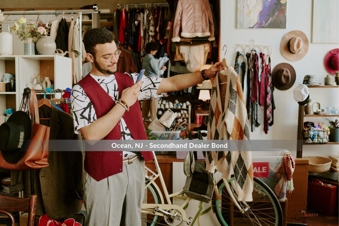 Ocean, NJ - Secondhand Dealer Bond - A young man in a quaint thrift store is inspecting a sweater.