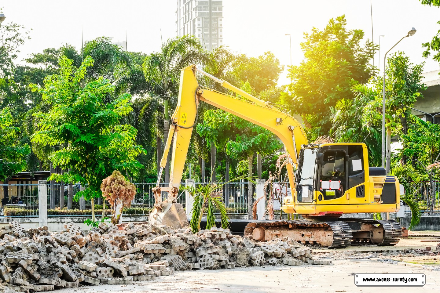On the construction site, excavation is done by the contemporary excavator.