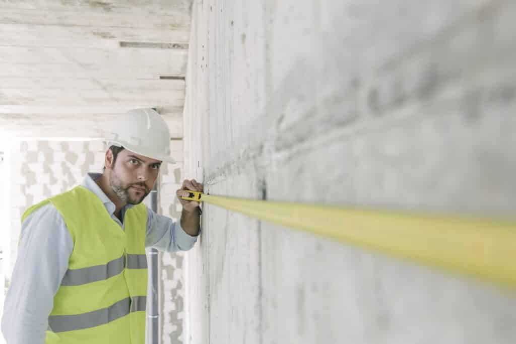 Contractor metering a wall at construction site