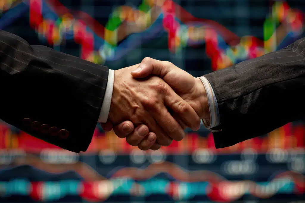 Two businessmen shake hands in front of a blurred background of stock market charts, symbolizing a business deal or partnership.