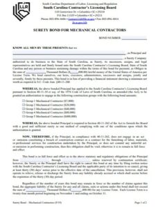 An image of a South Carolina License Bond Form for Mechanical Contractors.