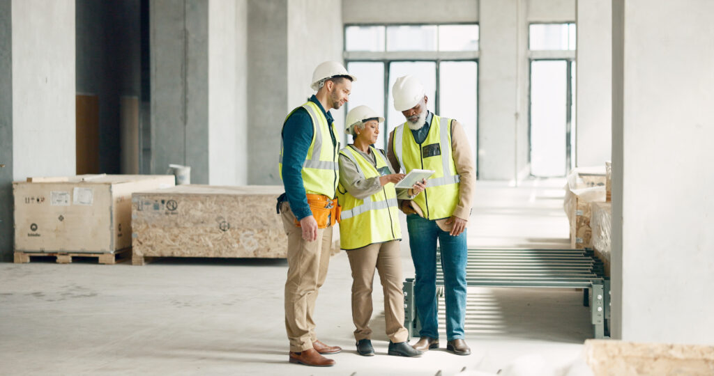 Tablet, building and construction worker team planning renovation, industrial design software and d.