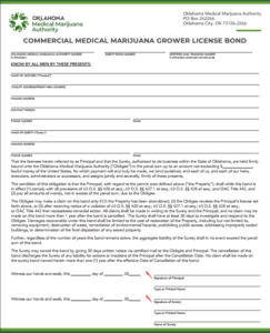 This is an image of an Oklahoma Commercial Medical Marijuana License Bond Form