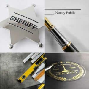 4 Pictures representing commercial surety including a Sheriff's badge, a notary public, construction tools, and an attorney.