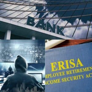 3 pictures representing Fidelity Bonds including a bank, a computer thief, and an ERISA textbook.