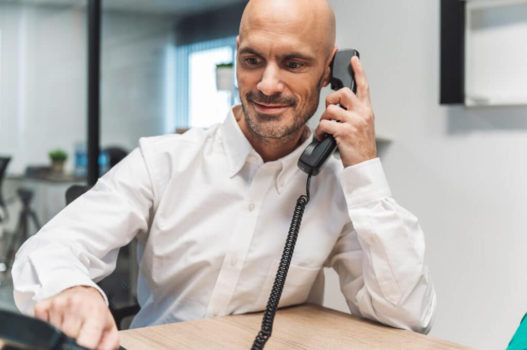 A man in a white shirt with a logo is sitting at a desk, talking on a vintage telephone. He has a fr