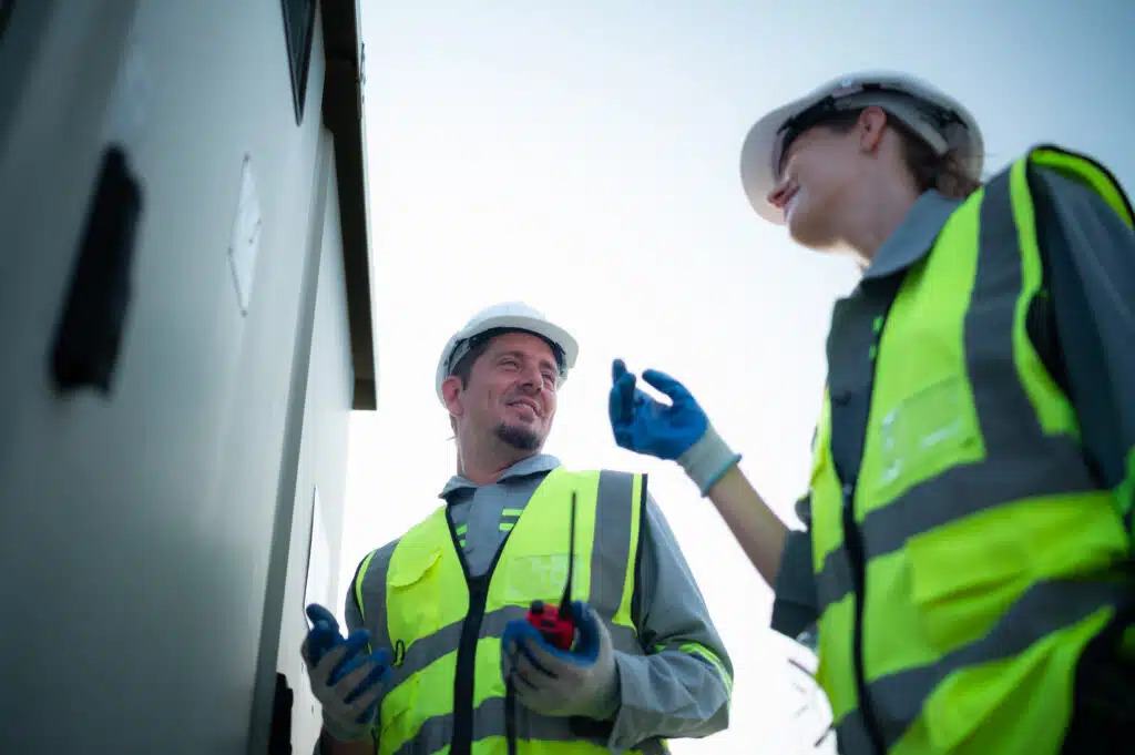 A team of electrical engineers is inspecting an energy storage station of a solar panels in the middle of a hundred acre field of solar panels.