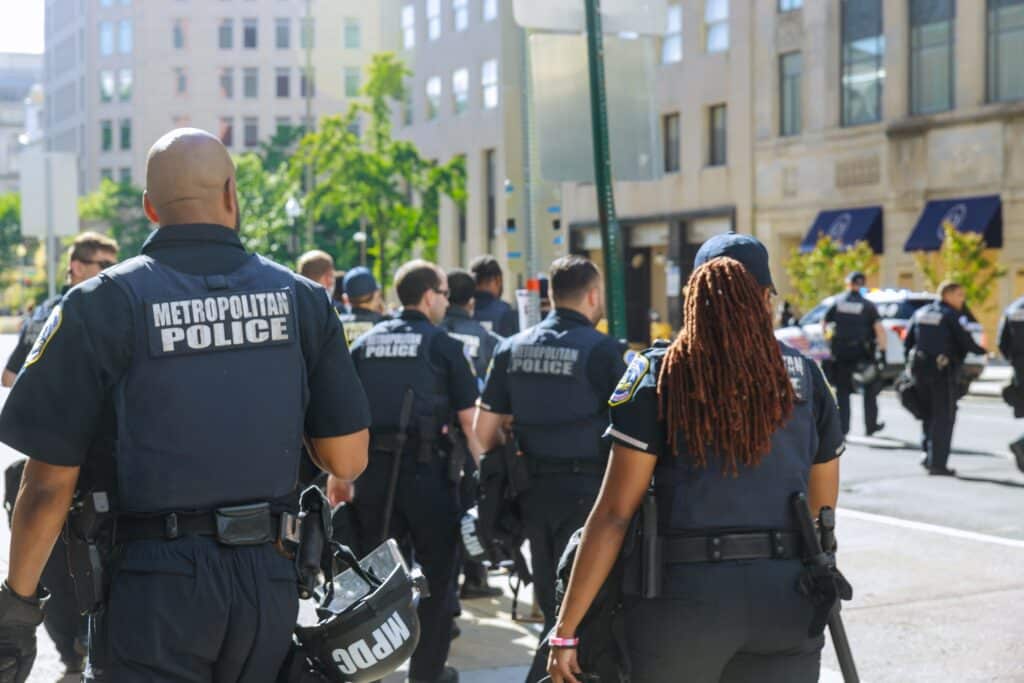 WASHINGTON D.C., USA - MAY 31, 2020: District of Columbia Metropolitan Police block road to White House during of protests against the death of George Floyd in Washington D.C.