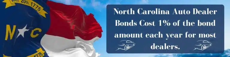 A North Carolina state flag to the left. To the right, a blue box that shows the cost of a North Carolina Auto Dealer Bond.