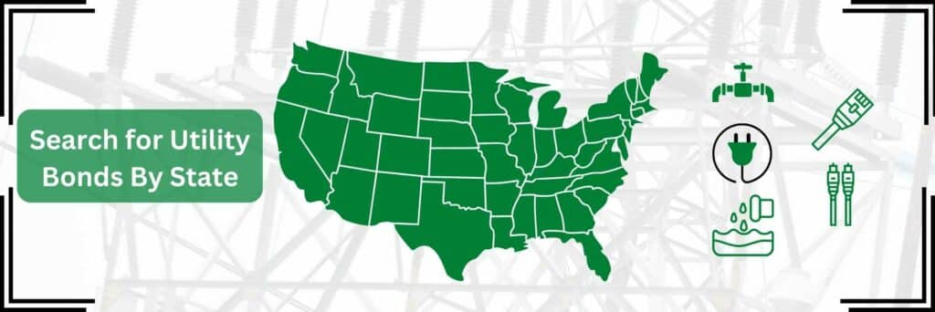 A green map of the U.S. to the right, 5 images representing utilities. In the background, power lines. Utility Bonds by State.