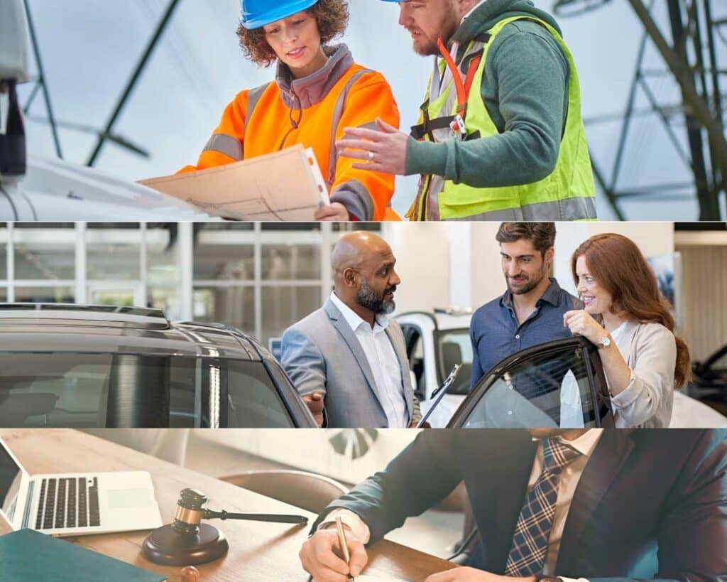 Three images showing working professionals including construction workers, an auto dealer and a legal professional.