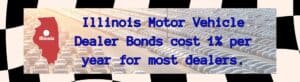 A checked racing flag in the background. In the middle, an image of a car dealership. A text box shows the cost of an Illinois Motor Vehicle Dealer Bond.