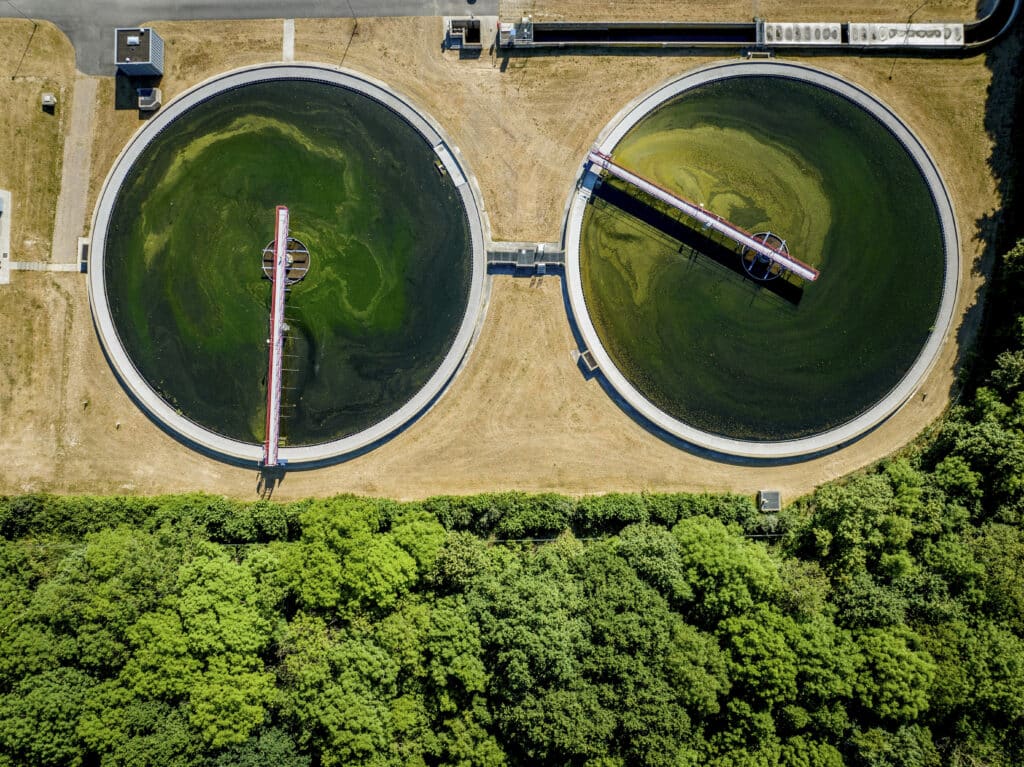 A drone photo of a water treatment plant