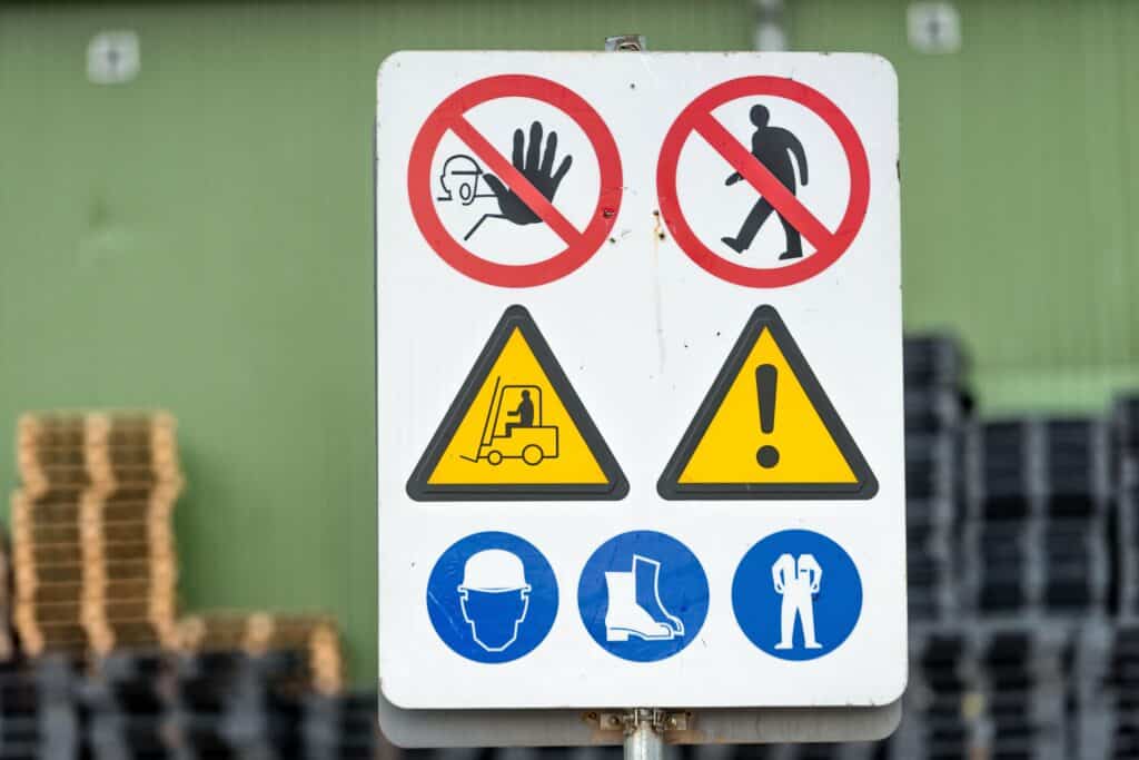 Signs warn of job security. Sign 'dangerous cargo'.