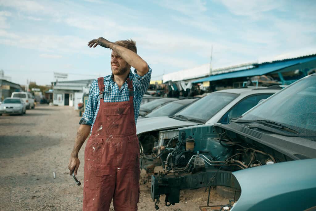 Tired male repairman with wrench on car junkyard. Auto scrap, vehicle junk, automobile garbage, abandoned, damaged and crushed transport