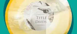 An image of a Title Deed in the middle. In the background, cars and an RV representing titled property.