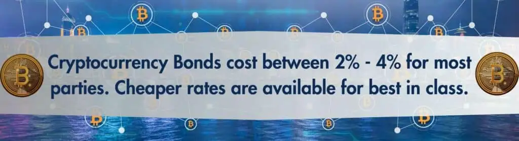 This is an image of many Bitcoins with text in the middle showing the cost of Cryptocurrency Bonds.