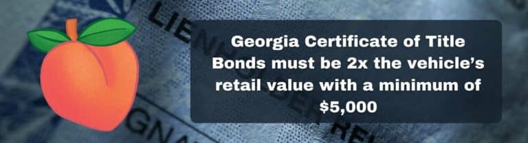 An image of a vehicle title. A text box shows that a Georgia Certificate of Title Bond is required to be 2x the vehicle amount.