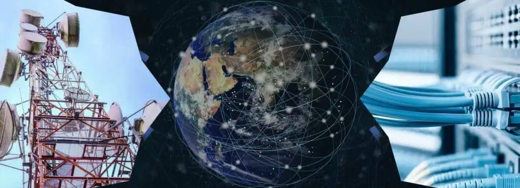 On the left, cell phone towers. On the right, fiber optic cable plugged in. In the middle, an image of Earth and communications.