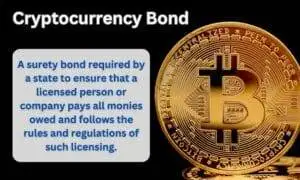 An image of a Bitcoin. To the left, a text box showing the definition of a Cryptocurrency Bond.