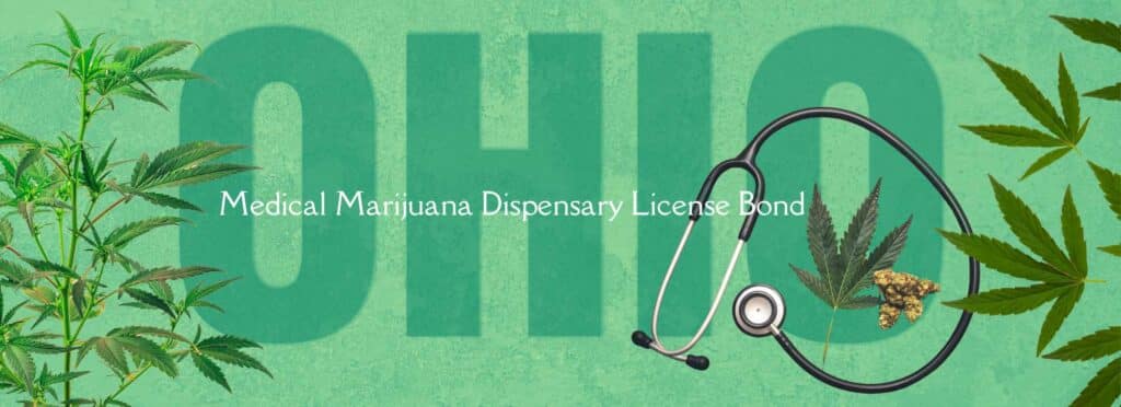 A duotone picture of the word Ohio. On both sides, marijuana leaves. In the middle an image of a stethoscope and medical marijuana. The words, Ohio Medical Marijuana Dispensary License Bond in white.
