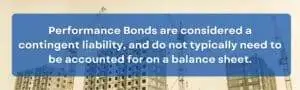 An image of a construction site. A blue box shows that Performance Bonds are a contingent liability and typically do not need to be shown on a balance sheet.