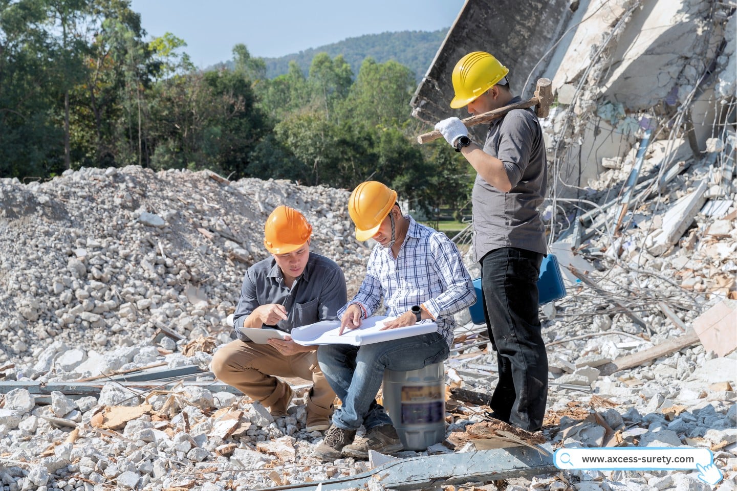 A demolition control supervisor and contractor discussing on demolish building.