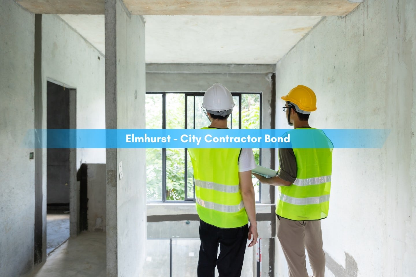 Elmhurst - City Contractor Bond - Young Asian engineers are working on the construction site. Wearing a yellow helmet and uniform.