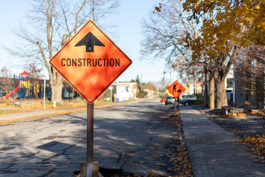 Construction sign on the road in Ottawa, Canada