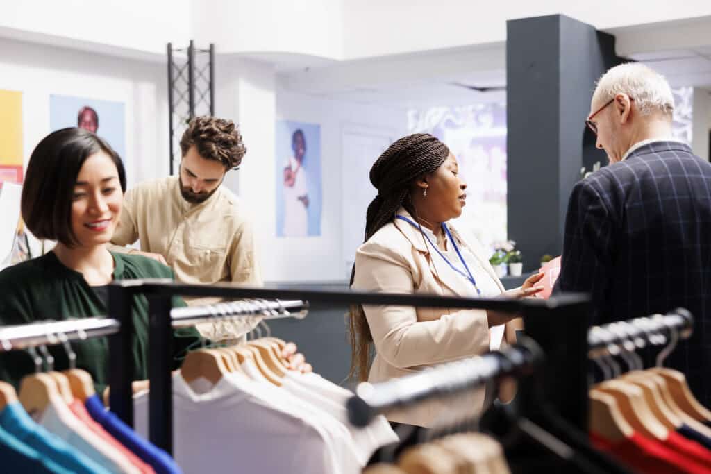 African American woman retail worker talking with customer about special offers and discounts in clothing store, shop sales assistant helping senior man shopper with shopping in fashion mall