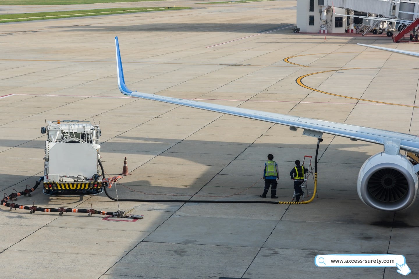 The aircraft is being refueled by airport workers.