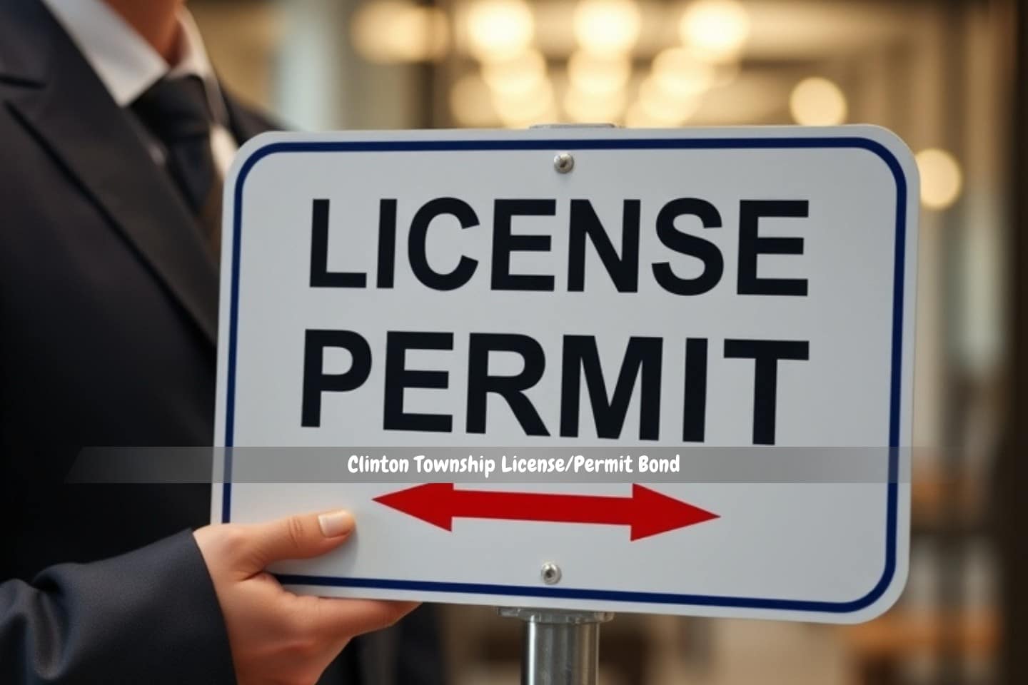 Clinton Township License/Permit Bond - A white signage with license and permit text hold by a man.