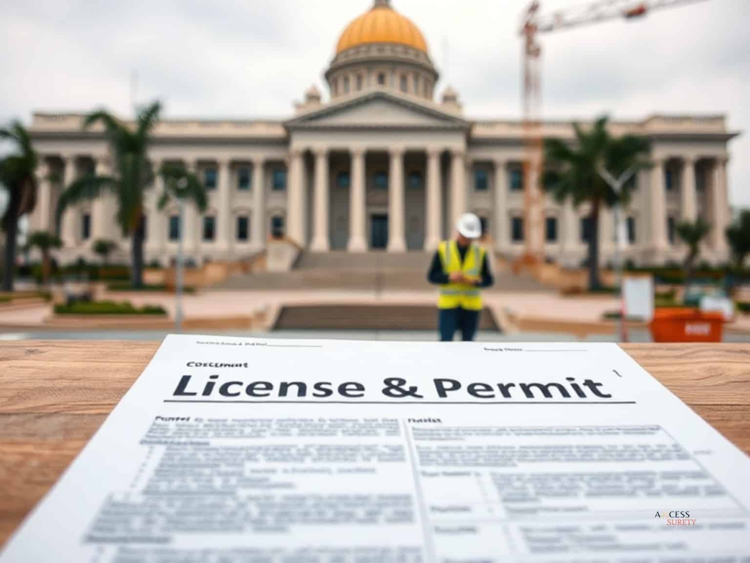 Columbia City License and Permit Bond - Construction, workers, a government building in the background, and the license and permit text document spelled correctly in the table